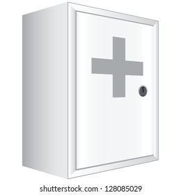 Office First Aid Kit. White Cabinet With Lockable Door. Vector Illustration.