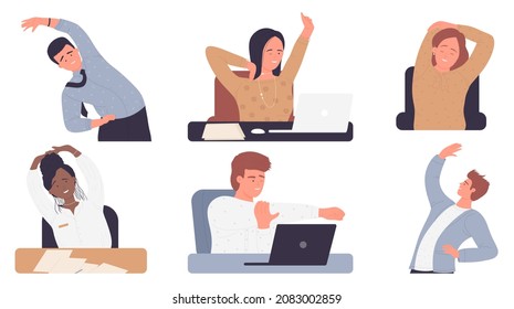 Office fitness with business people isolated vector illustration set. Cartoon woman man office worker characters doing physical healthy exercises, businessman stretching in workplace sport workout