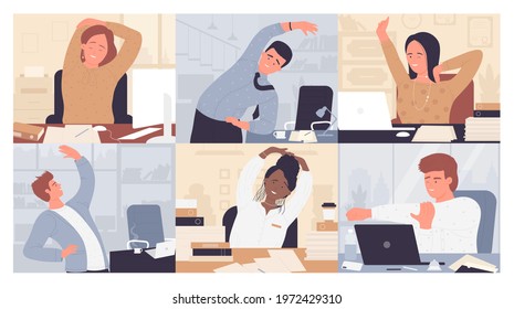 Office fitness with business people vector illustration set. Cartoon woman man office worker characters doing physical healthy exercises, businessman stretching in workplace sport workout background