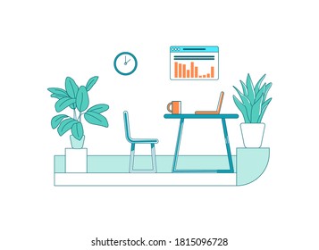 Office flat color vector scene. Work place for corporate employee. Desk with computer to analyze data. Cabinet space isolated cartoon illustration for web graphic design and animation