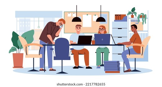 Office flat concept with employees sitting at work table vector illustration