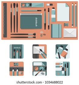 office flat design set; brushes, pencil, sketchbook, paper, notebook