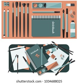 office flat design set; brushes, pencil, sketchbook, paper, notebook