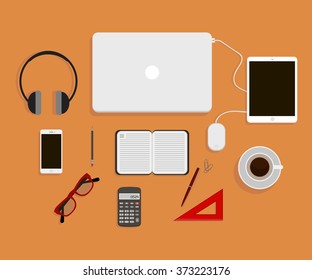 Office flat design.Business workplace with modern laptop and smarthphone.Vector illustration