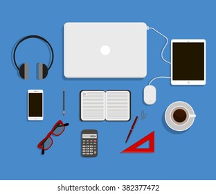 Office flat design.Business workplace with modern laptop and smarthphone.Vector illustration