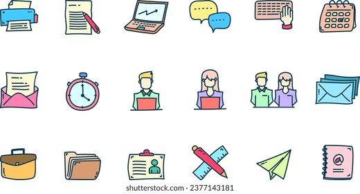 office flat icon collections. Doodle set of office icon