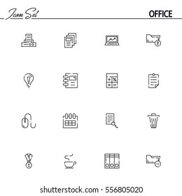 Office flat icon set set. Collection of high quality outline symbols of office for web design, mobile app. Vector thin line icons or logo of printer, documents, idea, folder, laptop, mouse