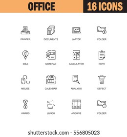Office flat icon set set. Collection of high quality outline symbols of office for web design, mobile app. Vector thin line icons or logo of printer, documents, idea, folder, laptop, mouse
