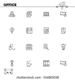 Office flat icon set set. Collection of high quality outline symbols of office for web design, mobile app. Vector thin line icons or logo of pass, archive, board, lamp, search, document. 