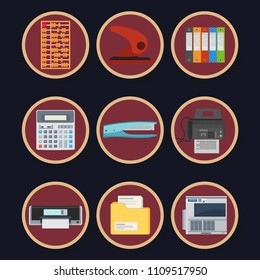 Office flat icon set vector business design. Collection finance website digital pictogram. Ecommerce online network strategy. Cartoon color simple symbol device. 