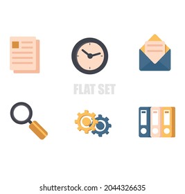 Office Flat Icons. Documents, letters, searches, paper folders, problem solving and time
