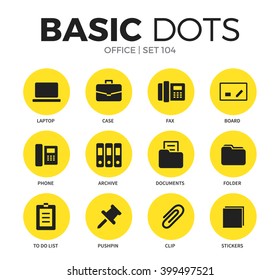 Office flat icons set with laptop, clip and folder isolated vector illustration on white