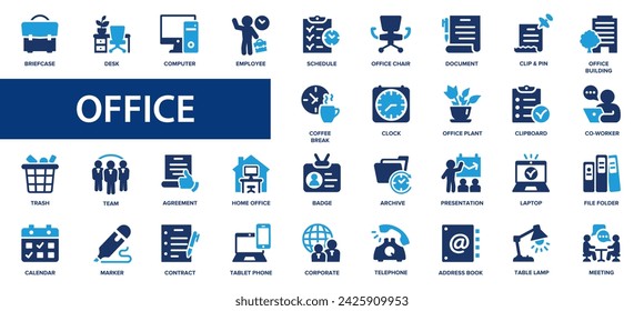 Office flat icons set. Workplace, desk, coworking, employee, computer, icons and more signs. Flat icon collection.