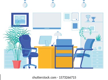 Office Flat Interior in Business Company Center. Well Equipped Coworking Shared Space for Two Corporate Executive Managers. Cabinet for Banking Workers and Clients. Vector Cartoon Illustration