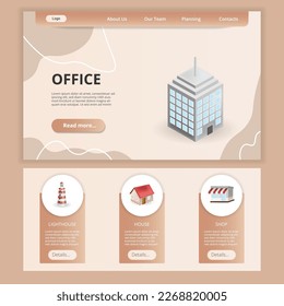 Office flat landing page website template. Lighthouse, house, shop. Web banner with header, content and footer. Vector illustration.