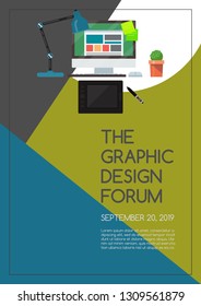 Office flat poster vector illustration. Gadgets and tools for office work. The graphic design forum. Desktop computer with mouse and keyboard, graphic tablet with stylus pen, lamp, cactus.