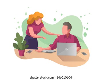 office flat style vector illustration, online assistant at work. Sharing thought and ideas. Searching for new ideas solutions, working together in the company, brainstorming