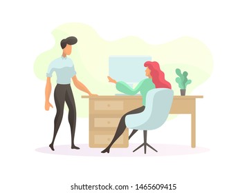 office flat style vector illustration, boss and employee at work. Sharing thought and ideas. Searching for new ideas solutions, working together in the company, brainstorming.