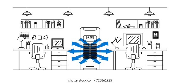 Office floor air conditioner vector illustration. Open space office room with vertical air conditioner (ac) line art concept.
