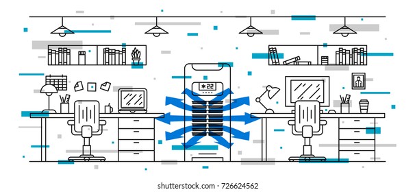 Office Floor Air Conditioner Vector Illustration With Decorative Elements. Open Space Office Room With Vertical Air Conditioner (ac) Line Art Concept.