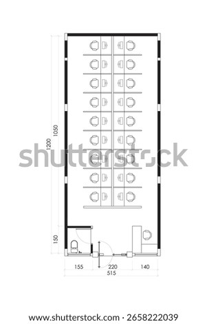 Office Floor Plan with Cubicle Workstations, Toilet and Reception. 11