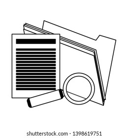 Office folder and document with magnifying glass in black and white