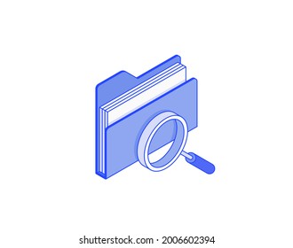 Office folder with documents, searching file directory, search, find, loupe isometric illustrate 3d vector icon. Modern creative design illustration in flat line style.