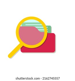 Office folder with documents, searching file directory, search, find, loupe illustration vector icon. Icon for web design, apps, poster, banner, media social post, printing usage and part of logo.