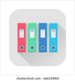 Office folder flat icon. Ring binder in a row, file folder in pink, green, purple and blue color, office supply set. Vector flat style cartoon illustration with long shadow on gray background. 