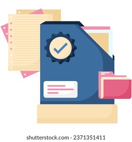 the office folder has a tick symbol. report has been completed. company data archive