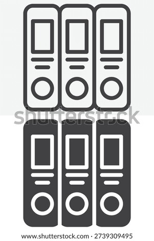 Office folders binders icon set with file spines in line, outline and solid styles. Editable stroke vector icon sign, symbol for archive, storage, records and organization.