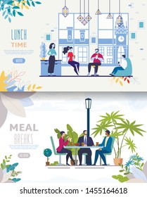 Office Food Delivery Service, Street Cafe, Restaurant of Coffeeshop Flat Vector Web Banner, Landing Page Template Set with Businesspeople Team, Company Employees Lunching in Cafeteria,Illustration