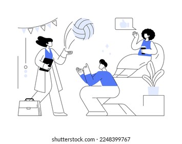 Office fun abstract concept vector illustration. Rest break at work, office fun game, stress management, sport zone, colleagues playing together, teambuilding activity abstract metaphor.