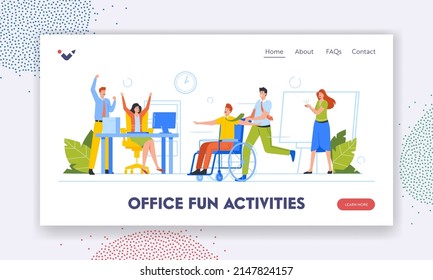 Office Fun Activities Landing Page Template. Business People Fooling, Rolling Disabled Colleague Sitting at Wheelchair. Businesspeople Characters Rejoice and Celebration. Cartoon Vector Illustration