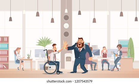 Office Fun Concept. Coworking Workspace. People Work In Office. Happy Workers In Workplace. Corporate Culture In Company. Invalid In Wheelchair At Office. Business Teamwork. Vector Flat Illustration.