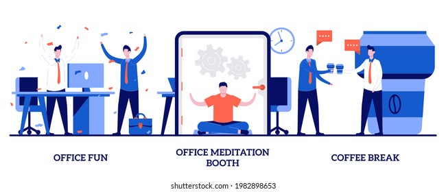 Office Fun, Meditation Booth, Coffee Break Concept With Tiny People. Stress Management At Work Vector Illustration Set. Employee Wellbeing, Team Building Activity, Relax Room, Yoga Break Metaphor.