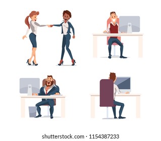 Office Fun. People Work in Office. Happy Workers in Workplace. Businessmen in Suits sitting at Table. Men and Women Work. Corporate Culture in Company. Cheerful Working Day. Vector Illustration.