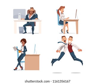 Office Fun. People Work in Office. Happy Workers in Workplace. Businessmen in Suits sitting at Table. Men and Women Work. Corporate Culture in Company. Cheerful Working Day. Vector Illustration.