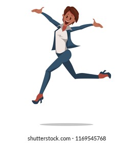 Office Fun. Woman Office Workers Jumping Up. Corporate Culture in Company. Cheerful Working Day. Happy Woman at Work in Office. Employee enjoys Success. Woman in suit is Smiling. Vector Illustration.