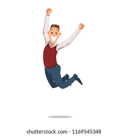 Office Fun. Office Workers Jumping Up. Corporate Culture in Company. Cheerful Working Day. Happy Man at Work in Office. Employee enjoys Success. Man in suit is Smiling. Vector Illustration.