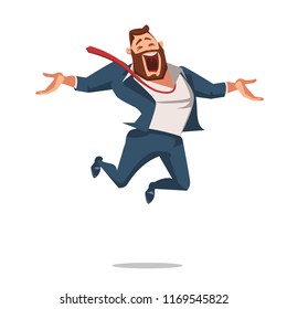 Office Fun. Office Workers Jumping Up. Corporate Culture in Company. Cheerful Working Day. Happy Man at Work in Office. Employee enjoys Success. Man in suit is Smiling. Vector Illustration.