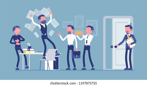 Office fun in the workplace. Colleagues, happy employees enjoy chaos at work, clerk humor and silly behavior, boss or manager angry with official misconduct. Vector illustration, faceless characters