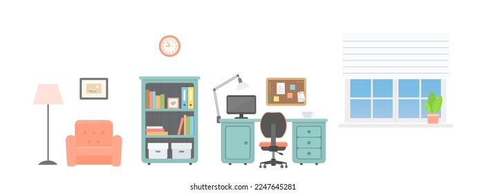 Office furniture, armchair and window, on white background. Home interior concept. Cartoon flat style. Vector illustration