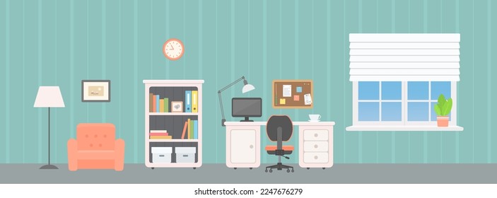 Office furniture, armchair and window, on green background. Home interior concept. Cartoon flat style. Vector illustration