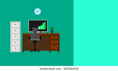 office furniture background vector, flat design, shades of blue, green, brown and white, elegant and minimalist, suitable for design elements on business, economy and office themed