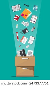 Office furniture. Case, box with folders, document papers, calendar, calculator, laptop and pencils, eyeglasses, book, ring binder and phone. Cabinet, locker drawer Vector illustration in flat design