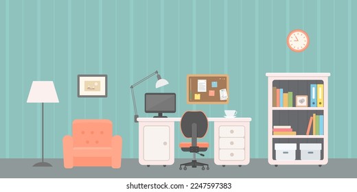 Office furniture, computer, cork board and armchair, on green background. Home interior concept. Cartoon flat style. Vector illustration