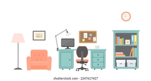 Mobiliario de oficina, ordenador, tablero de corcho y sillón de fondo blanco. El concepto de casa interior. Caricatura de estilo plano. Ilustración del vector