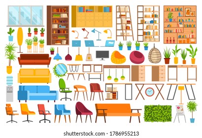 Office furniture, coworking space vector illustration set. Cartoon collection of interior elements for office workers, laptops, book shelves, tables chairs and sofas decoration icons isolated on white