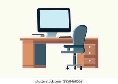 Office furniture is depicted in a cartoonish, flat style. Bedside tables, chairs, lamps, notice boards, laptops, and books